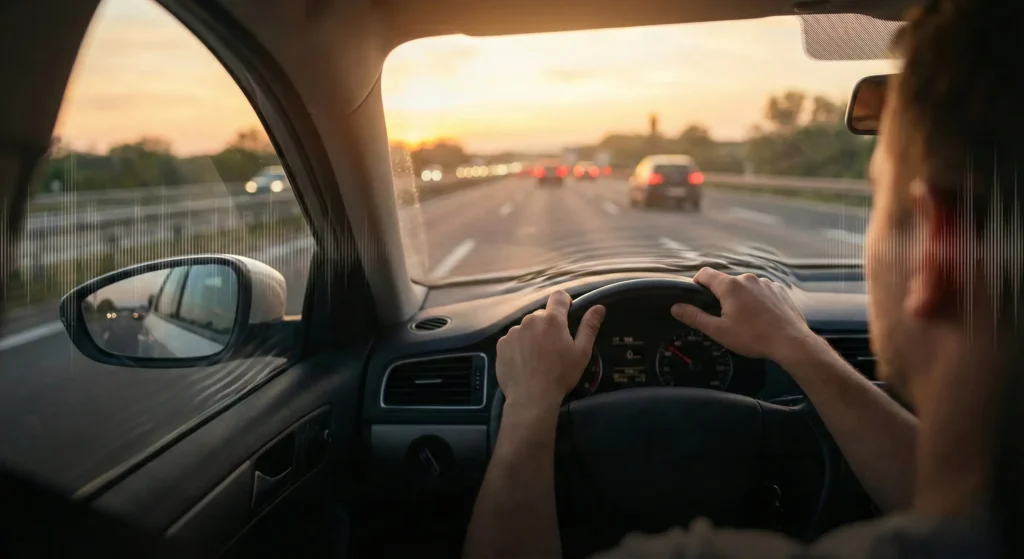 Person driving on a highway at sunset.